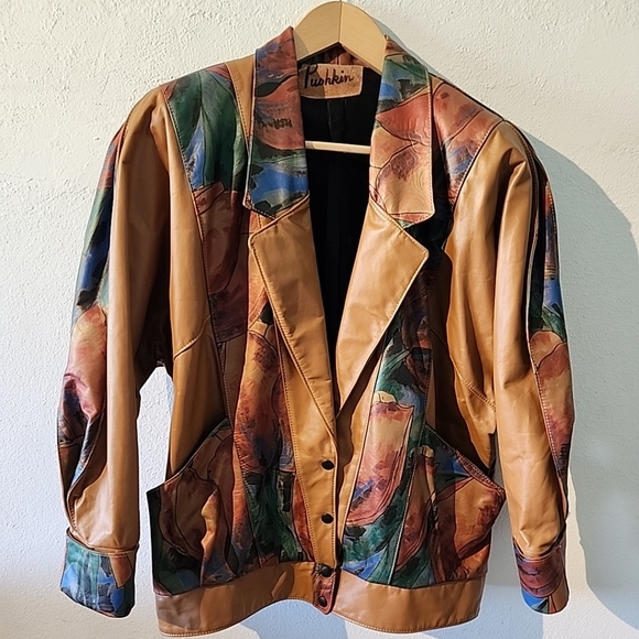 pushkin Jackets & Blazers - VTG Women's 80s Leather Hand Painted Jacket Brown With Floral Roses Large